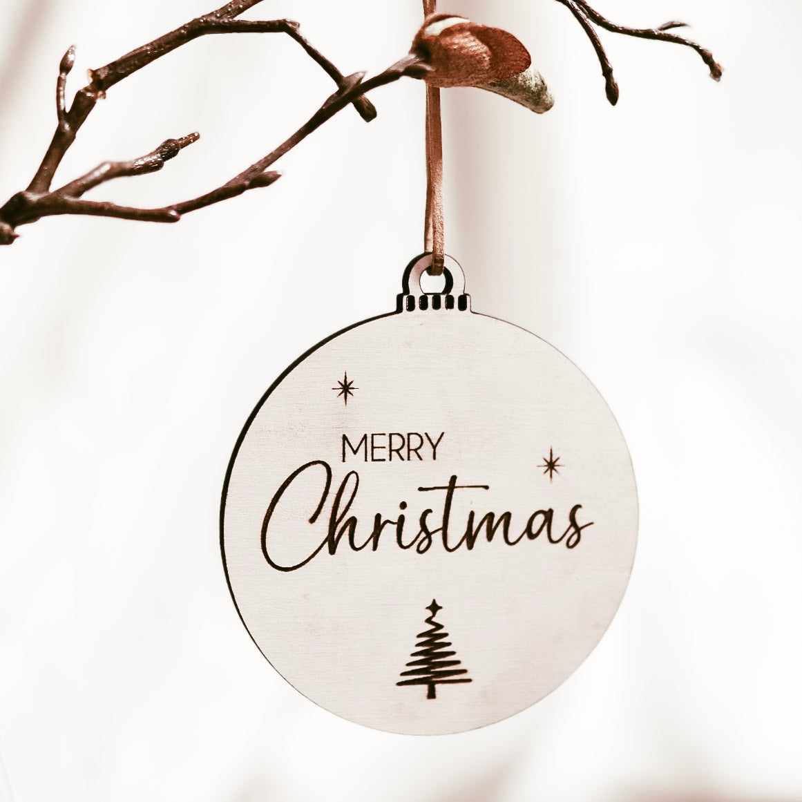 Holz Weihnachtskugel "Merry Christmas + Baum"