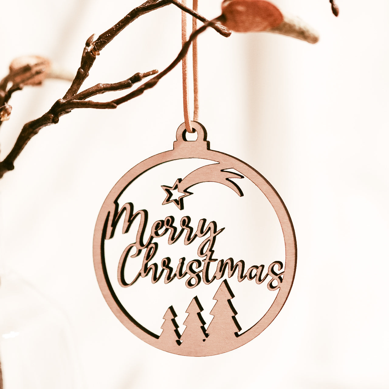 Holz Weihnachtskugel "Merry Christmas" mit 3 Tannen