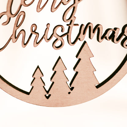 Holz Weihnachtskugel "Merry Christmas" mit 3 Tannen